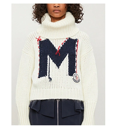 Shop Moncler Branded Relaxed-fit Wool-blend Jumper In White