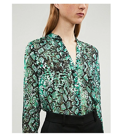 Shop Alice And Olivia Amos Animal-print Crepe Blouse In Black/emerald