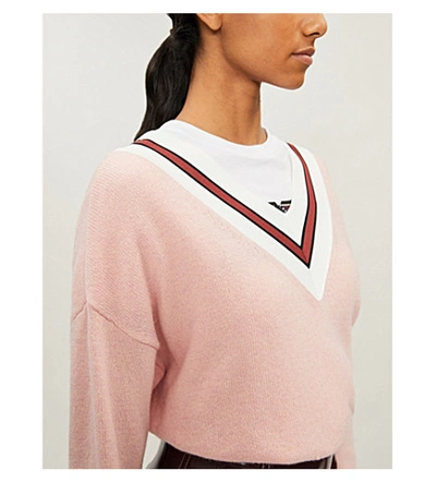 Shop Sandro Contrast Striped-panel Wool-blend Jumper In Pink