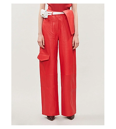 Shop Jacquemus Le Pantalon De Nimes High-rise Wide-leg Leather Trousers In Red