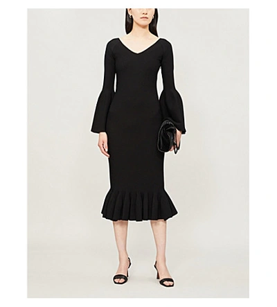 Shop Stella Mccartney Fluted-sleeve Flared-hem Crepe Midi Dress In Black