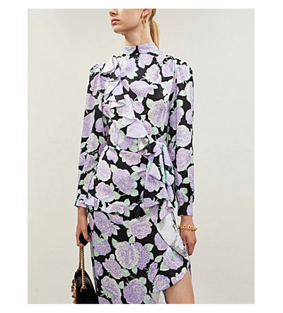 Shop Miu Miu High-neck Gathered Floral-print Silk Midi Dress In Bloom