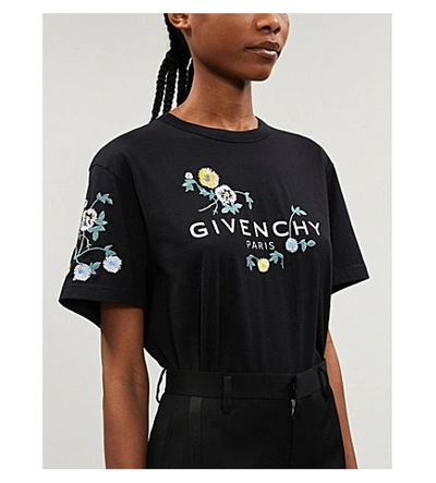 Shop Givenchy Floral-embroidered Logo-print Cotton-jersey T-shirt In Black