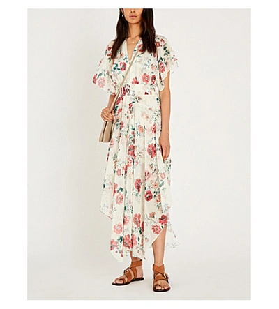 Maje Rachelle Asymmetrical Hem Floral Print Maxi Dress In White | ModeSens