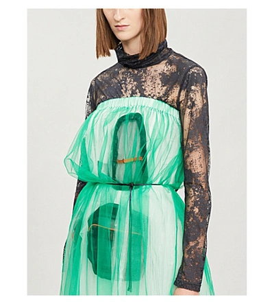 Shop Quetsche Asymmetric Tulle Maxi Dress In Green/black