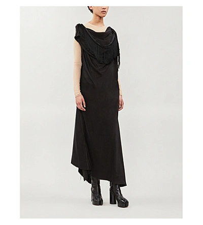 Shop Aganovich Fringe-trimmed Satin Dress In Black