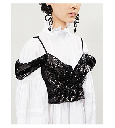 Shop Simone Rocha Cold-shoulder Sequinned Crop Top In Black