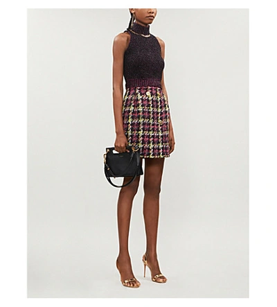 Shop Versace Checked High-waist Wool-blend Mini Skirt In Prugna-fuxia