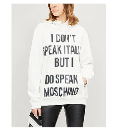 Shop Moschino Slogan-print Cotton Hoody In White