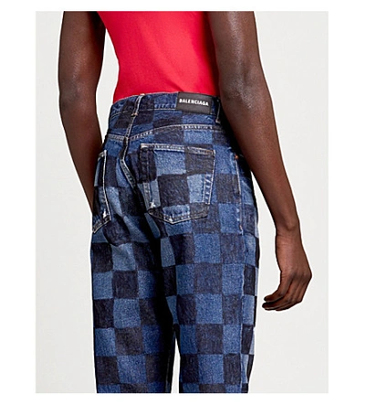 Shop Balenciaga Paris Checkered Straight Jeans In Dark Blue