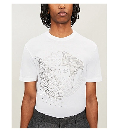 Shop Versace Medusa Logo-embroidered Cotton-jersey T-shirt In Bianco Argento