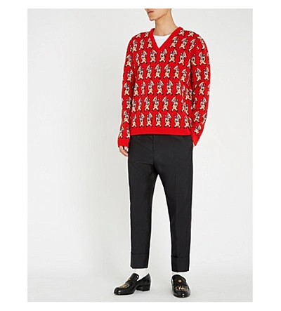Shop Gucci Pig-intarsia Wool Jumper In Red