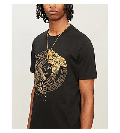 Shop Versace Medusa Logo-embroidered Cotton-jersey T-shirt In Nero Oro