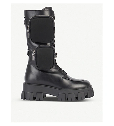 Prada Monolith Nylon Pocket-detailed Leather Combat Boots In Nero