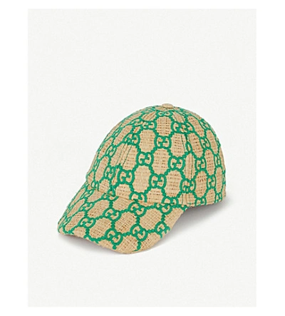 Shop Gucci Gg Snake-print Raffia Cap In Straw & Green
