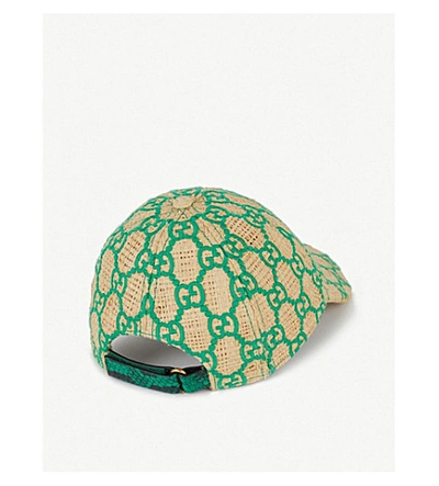 Shop Gucci Gg Snake-print Raffia Cap In Straw & Green