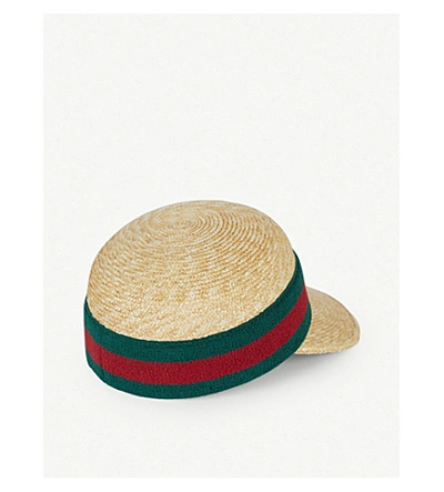 Shop Gucci Striped Cotton-knit And Raffia Cap In Ivory Green