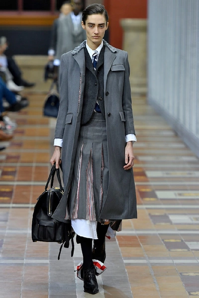 Shop Thom Browne Pleated Wool Midi Skirt In Grey