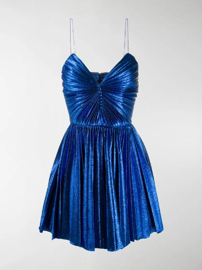 Shop Saint Laurent Pleated Lamé Mini Dress In Blue