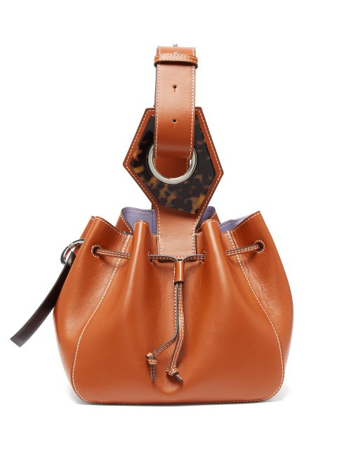 Ganni Drawstring Leather Bucket Bag In Tan ModeSens