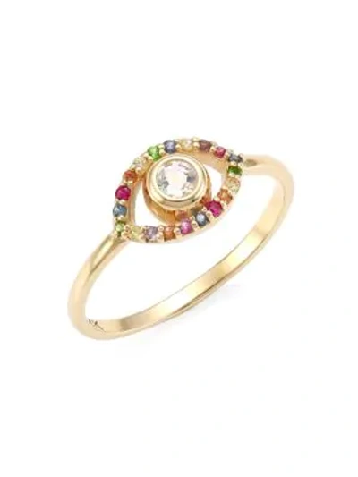 Shop Anzie Women's 14k Yellow Gold, White Topaz & Multicolor Sapphire Evil Eye Ring