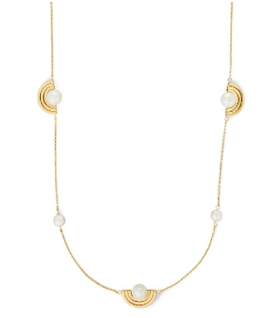 Shop Tory Burch Spinning Pearl Necklace In Tory Gold / Pearl