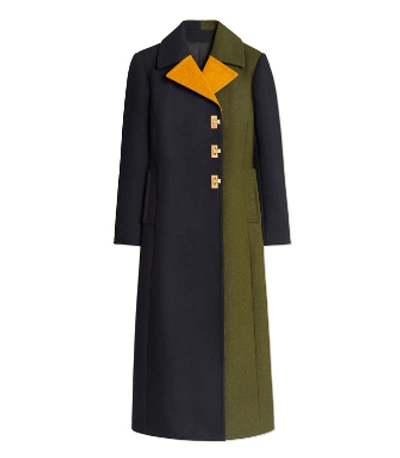 Shop Tory Burch Color-block Wool Coat In Navy Blue