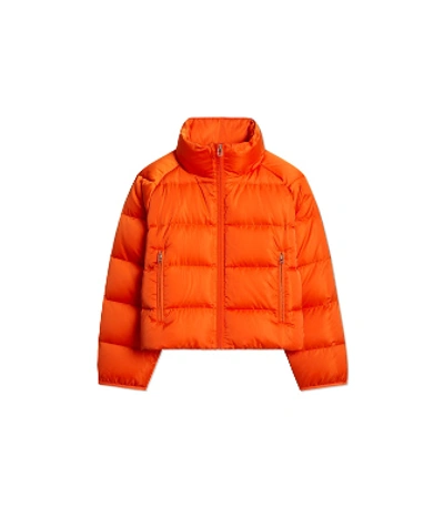 Shop Tory Sport Cropped Performance Satin Down Jacket In Varsity Orange