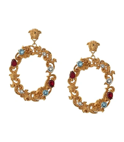 Shop Versace Baroque Embellished Hoop Earrings In Gold