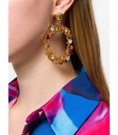 Shop Versace Baroque Embellished Hoop Earrings In Gold