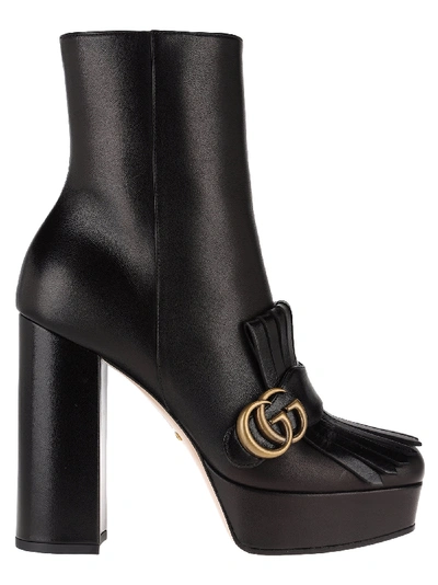 Shop Gucci Leather Platform Ankle Boot With Fringe In Black