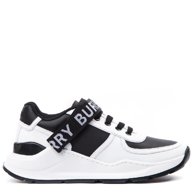 Shop Burberry Leather And Fabric Black And White Sneakers With Logo Print