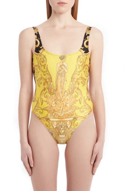 Shop Versace Barco Print Bicolor One-piece Swimsuit In Yellow