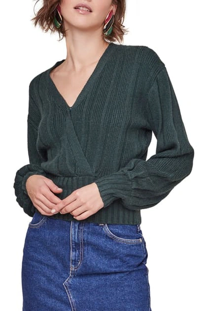 Shop Astr Evie Surplice Cotton Blend Sweater In Dark Spruce