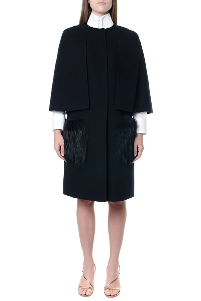 Shop Fendi Black Virgin Wool Coat With Fox Fur Details