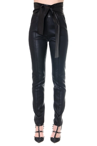 Shop Valentino Vltn Black Leather High Waisted Trousers