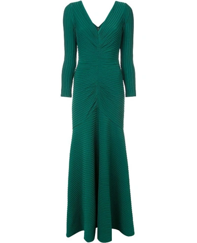 Shop Tadashi Shoji Long Sleeve Ribbed Evening Gown In Forest