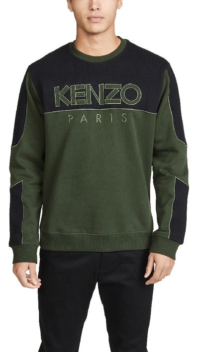 Shop Kenzo Mixed Mesh  Logo Sweatshirt In Olive