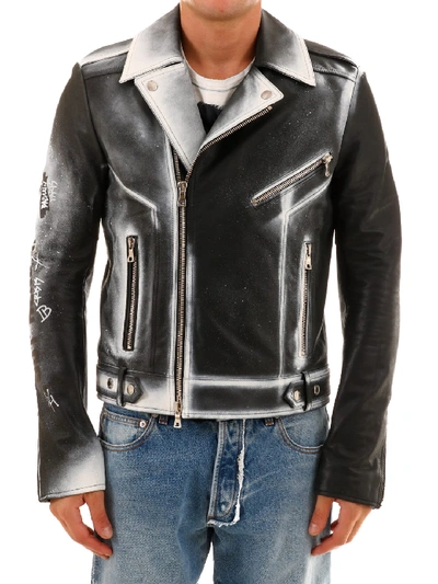 Shop Balmain Spray Leather Jacket In Black/white