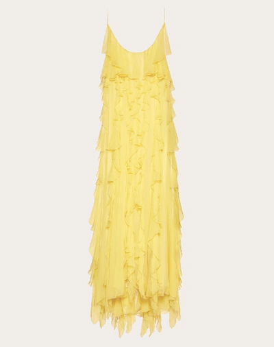 Shop Valentino Chiffon Evening Dress With Ruffles In Yellow