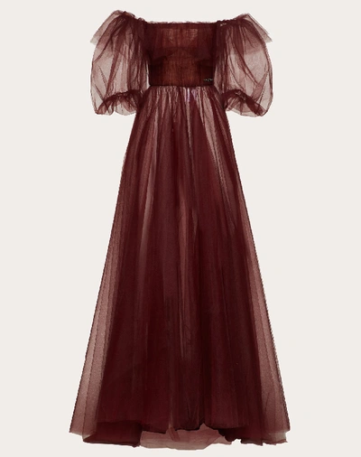 Shop Valentino Tulle Evening Dress With Poetry Detailing In Maroon