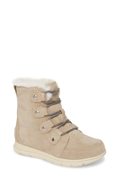 Shop Sorel Explorer Joan Waterproof Boot With Faux Fur Collar In Ancient Fossil Suede