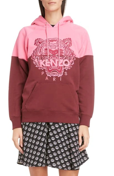 Shop Kenzo Colorblock Tiger Logo Cotton Hoodie In Bordeaux