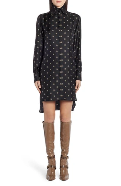 Shop Fendi Logo Print Long Sleeve Silk Shirtdress In Black