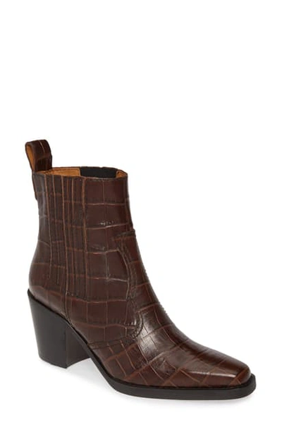 Shop Ganni Croc Embossed Western Boot In Chicory Coffee