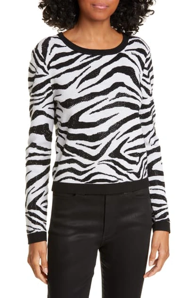 Shop Alice And Olivia Connie Animal Print Stud Detail Stretch Wool Sweater In Blk/ White