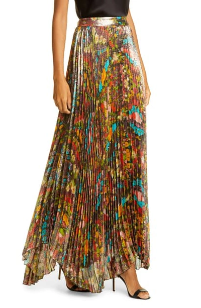 Shop Alice And Olivia Katz Sunburst Pleated Maxi Skirt In Kaleidoscope Floral