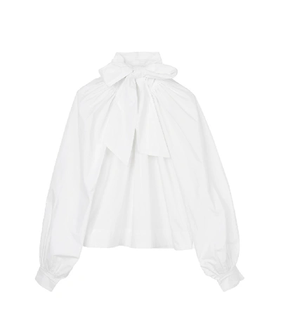 Shop Ganni Cotton Poplin Tie Neck Shirt In Bright White