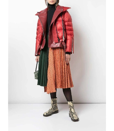 Shop Sacai Double Layered Leather Puffer Jacket In Red