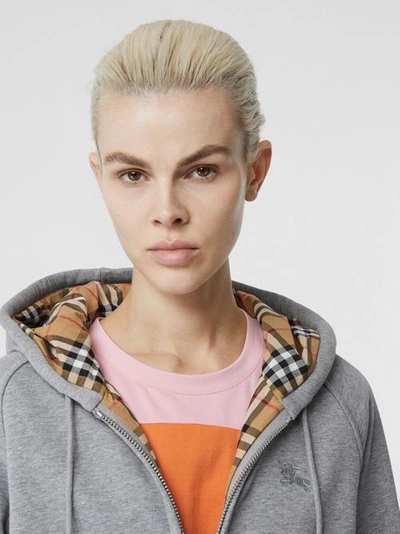 Shop Burberry Vintage Check Detail Jersey Hooded Top In Pale Grey Melange